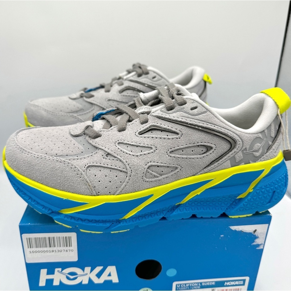 NWT Hoka One One Clifton L Suede in Lunar Rock / Diva Blue UNISEX Shoes Leather